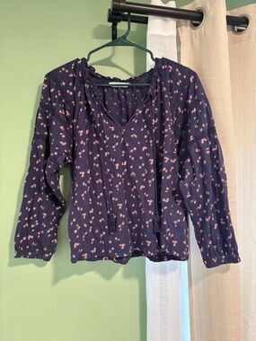 Lucky Brand Navy Blue Floral Peasant Top
